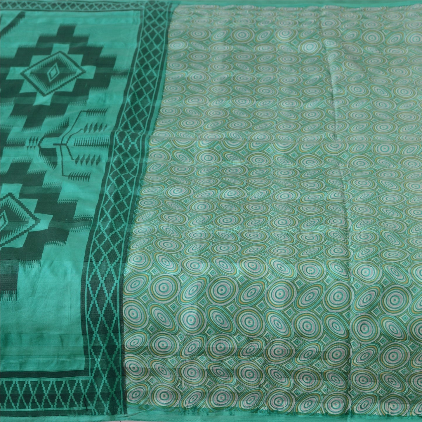 Sanskriti Vintage Sarees Sea-Green 100% Pure Silk Printed Sari 5yd Craft Fabric