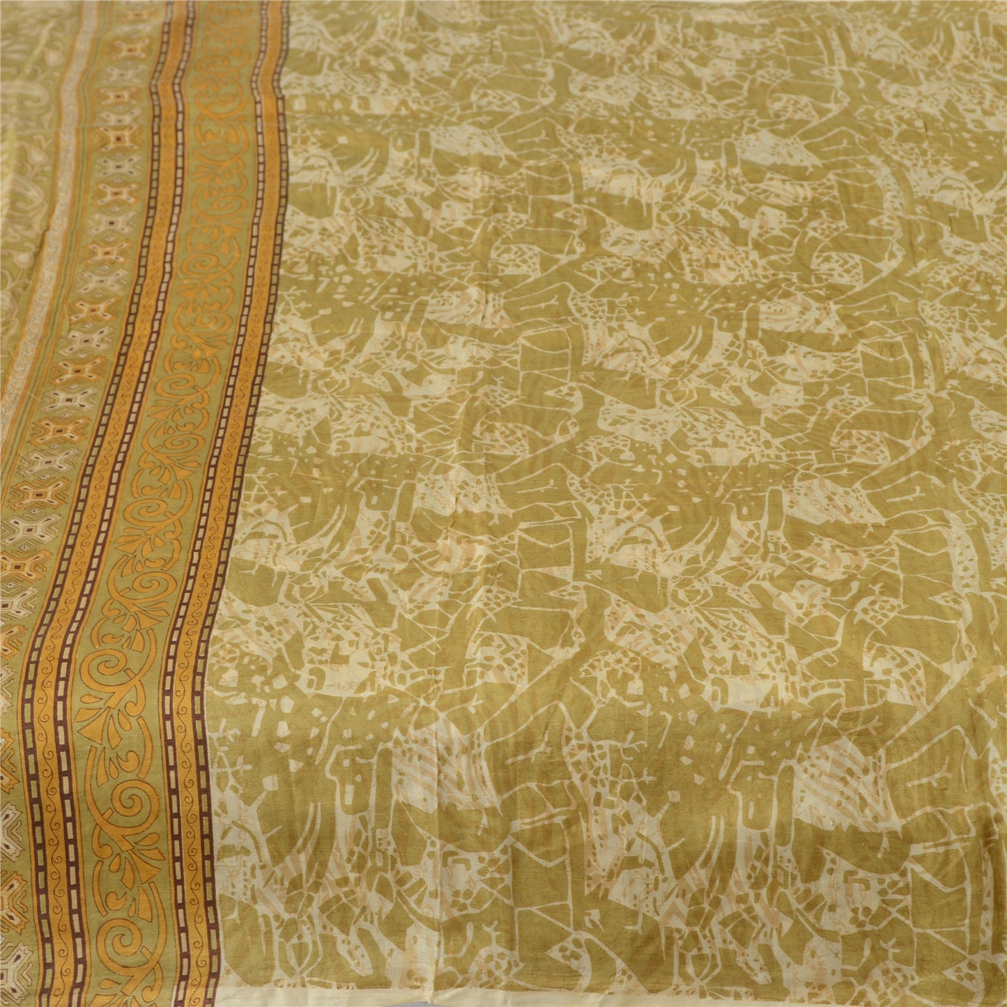 Sanskriti Vintage Sarees Shades of Cream Pure Silk Printed Sari 5yd Craft Fabric