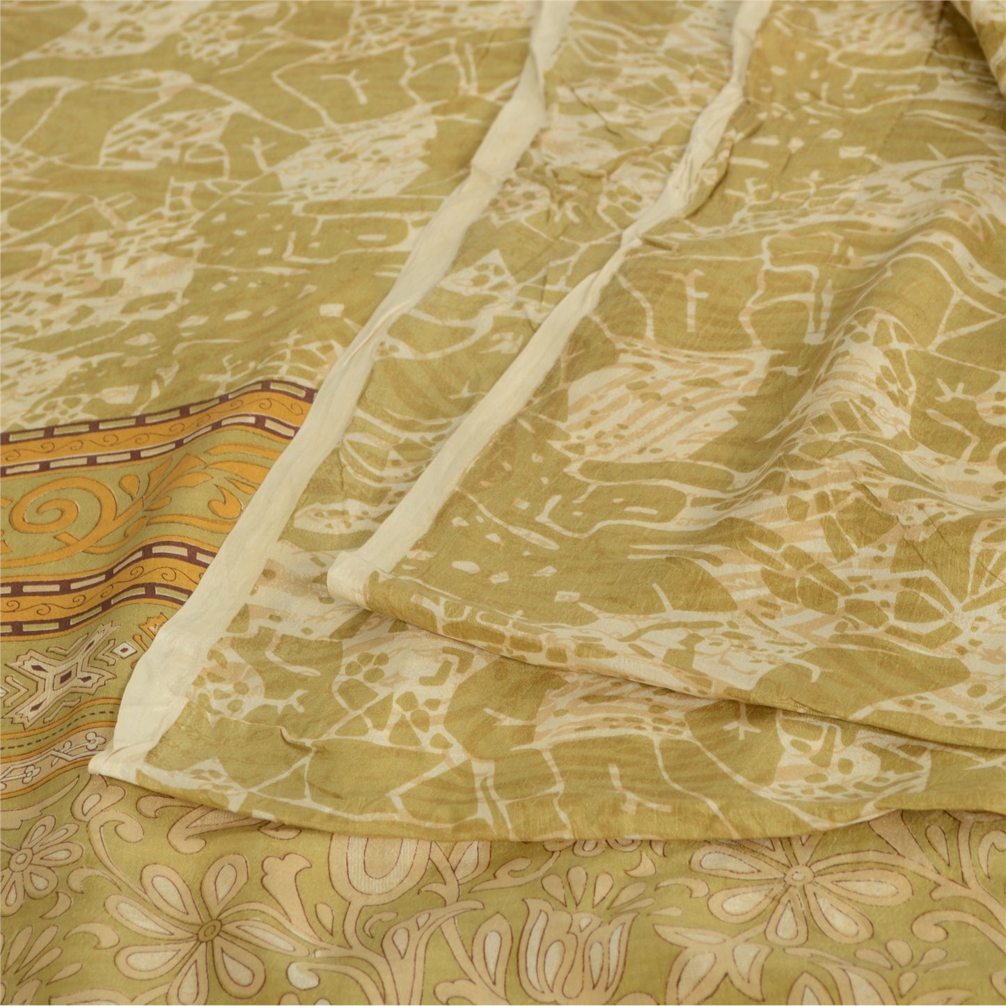 Sanskriti Vintage Sarees Shades of Cream Pure Silk Printed Sari 5yd Craft Fabric