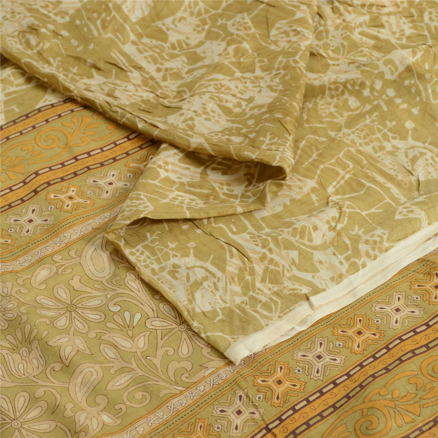 Sanskriti Vintage Sarees Shades of Cream Pure Silk Printed Sari 5yd Craft Fabric