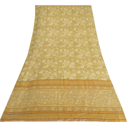 Sanskriti Vintage Sarees Shades of Cream Pure Silk Printed Sari 5yd Craft Fabric