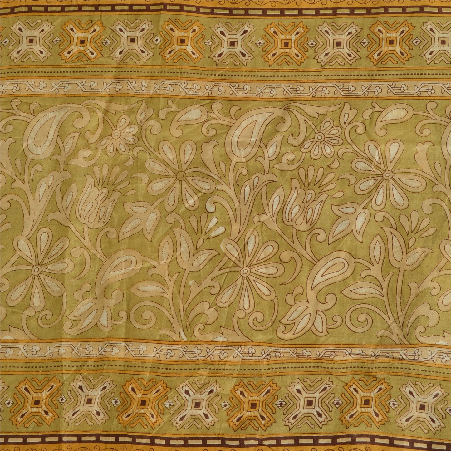 Sanskriti Vintage Sarees Shades of Cream Pure Silk Printed Sari 5yd Craft Fabric