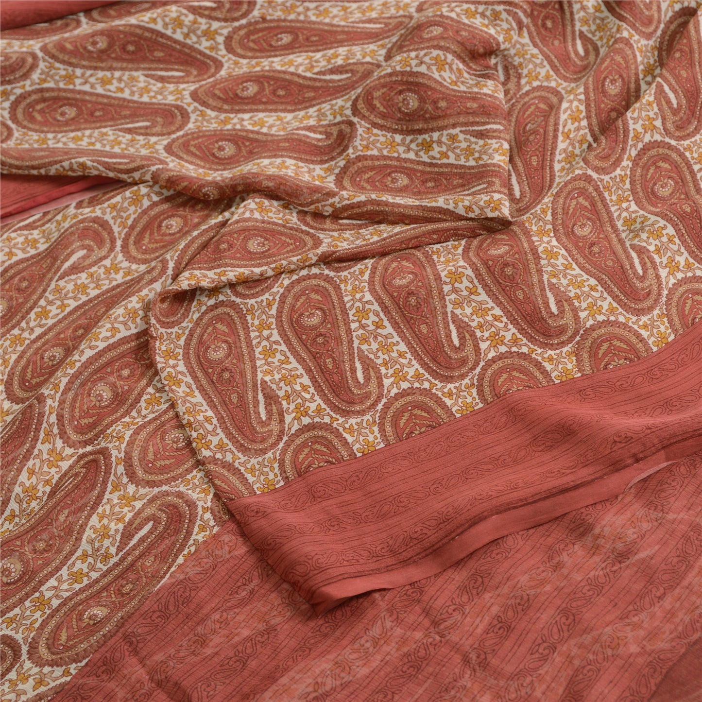 Sanskriti Vintage Sarees Ivory/Red Pure Chiffon Silk Print Sari 5yd Craft Fabric