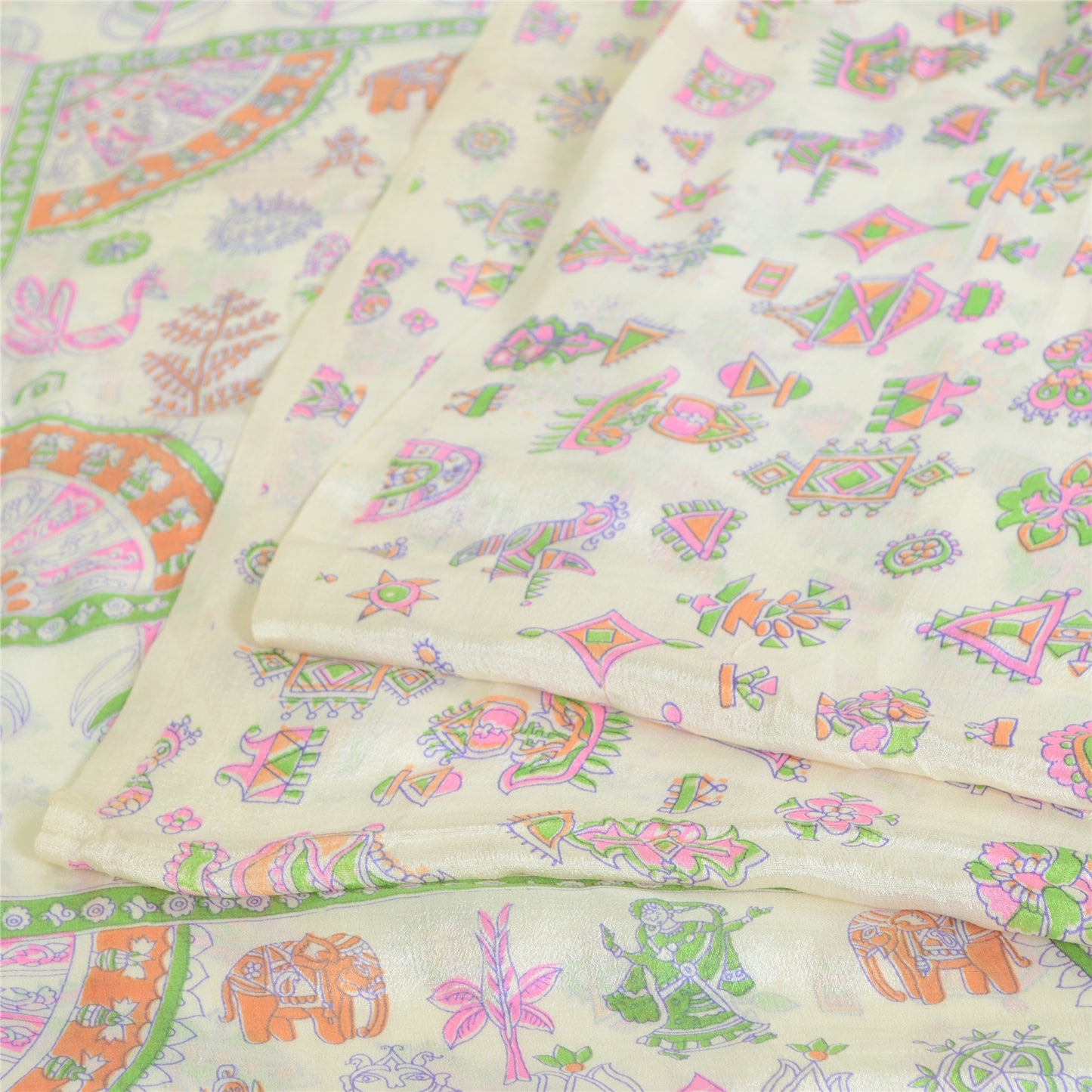 Sanskriti Vintage Sarees White Pure Chiffon Animal Human Print Sari 6yd Fabric