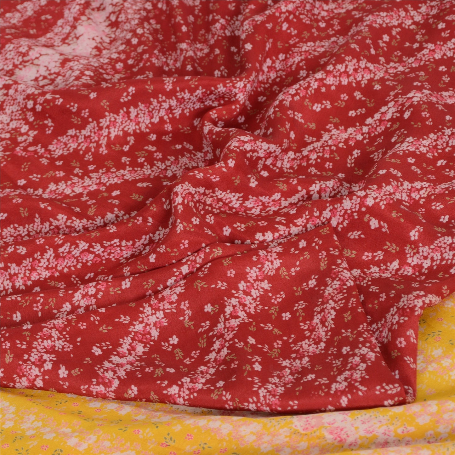 Sanskriti Vintage Sarees Red/Yellow 100% Pure Silk Printed Sari 5yd Craft Fabric