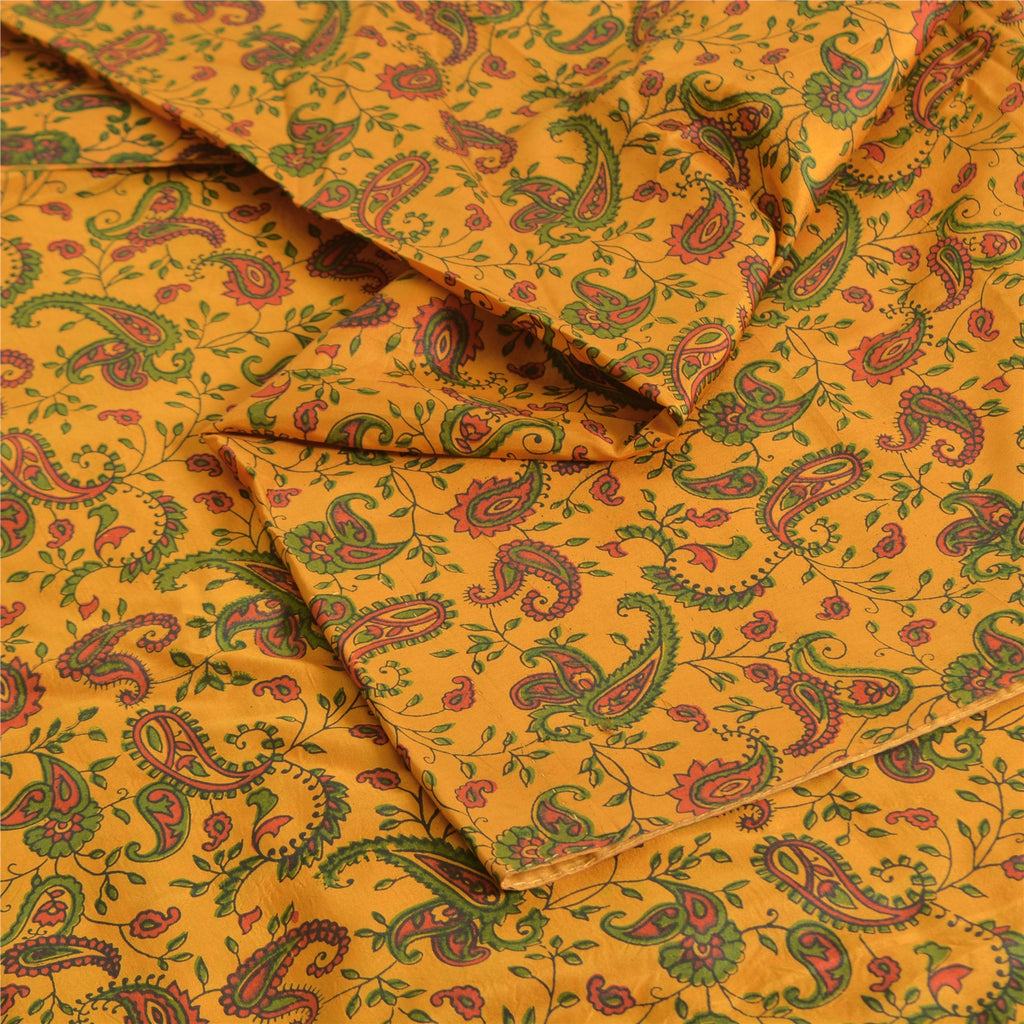 Sanskriti Vintage Sarees Yellow 100% Pure Silk Printed Sari 5yd Craft Fabric