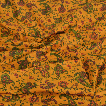 Sanskriti Vintage Sarees Yellow 100% Pure Silk Printed Sari 5yd Craft Fabric