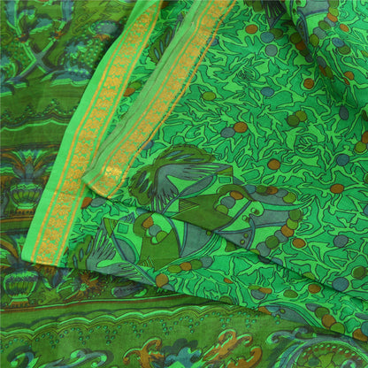 Sanskriti Vintage Sarees Green Zari Border Pure Silk Printed Sari Craft Fabric