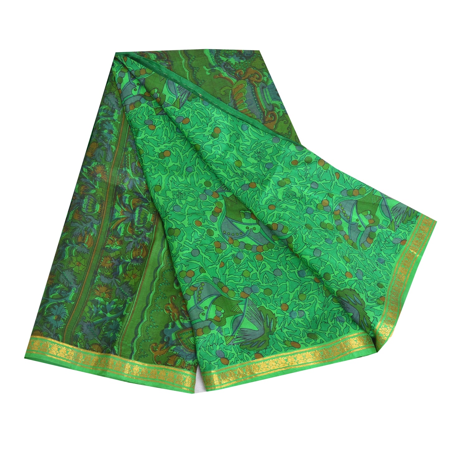 Sanskriti Vintage Sarees Green Zari Border Pure Silk Printed Sari Craft Fabric