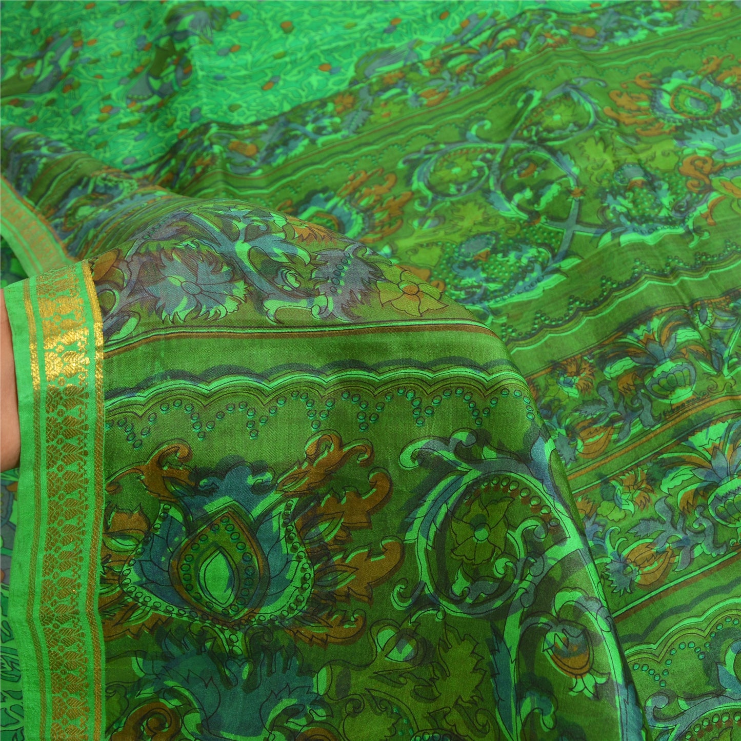 Sanskriti Vintage Sarees Green Zari Border Pure Silk Printed Sari Craft Fabric