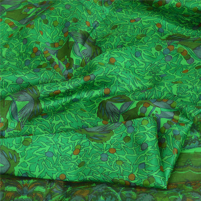 Sanskriti Vintage Sarees Green Zari Border Pure Silk Printed Sari Craft Fabric