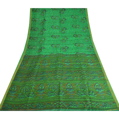 Sanskriti Vintage Sarees Green Zari Border Pure Silk Printed Sari Craft Fabric