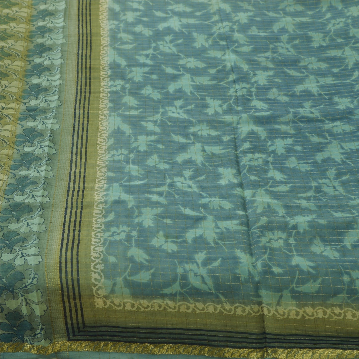 Sanskriti Vintage Sarees Blue Pure Georgette Zari Border Printed Sari 5yd Fabric