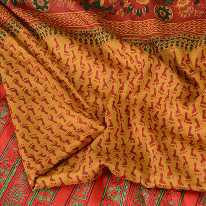 Sanskriti Vintage Sarees Red/Green Pure Silk Printed Sari 5yd Craft Fabric