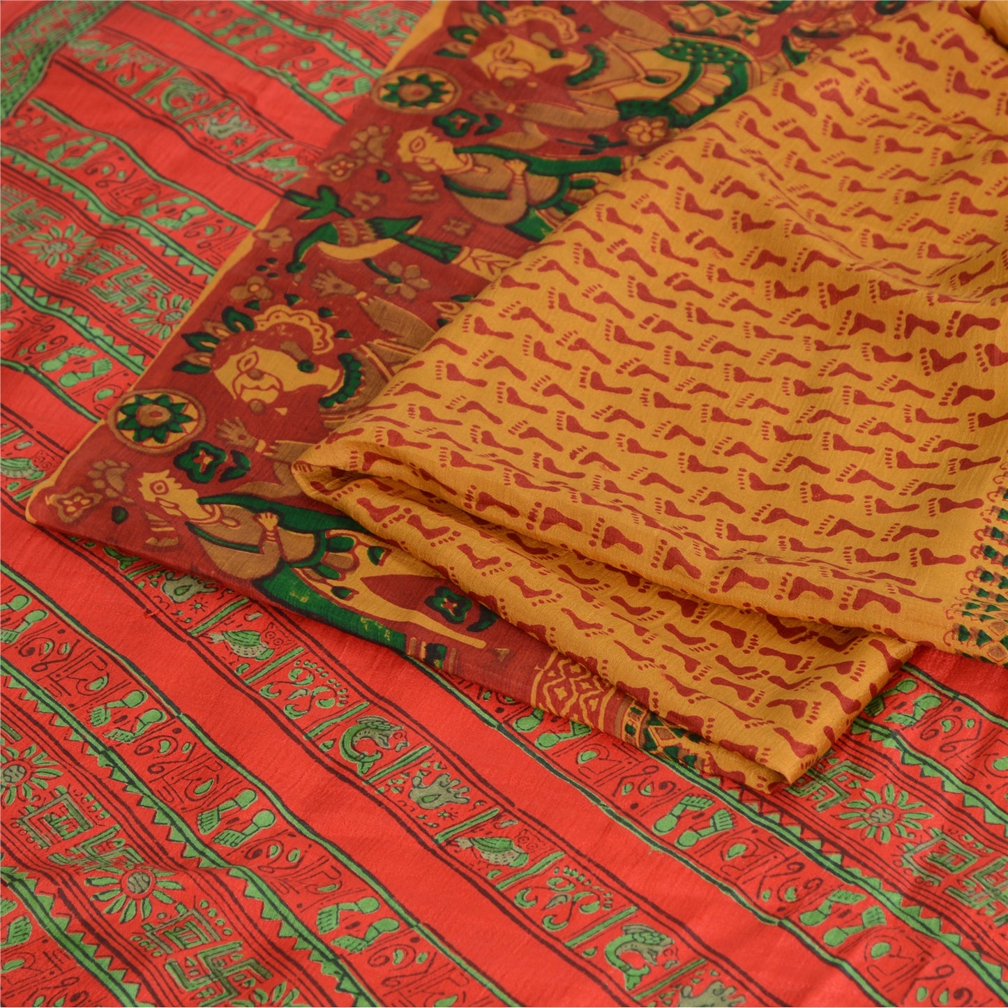 Sanskriti Vintage Sarees Red/Green Pure Silk Printed Sari 5yd Craft Fabric