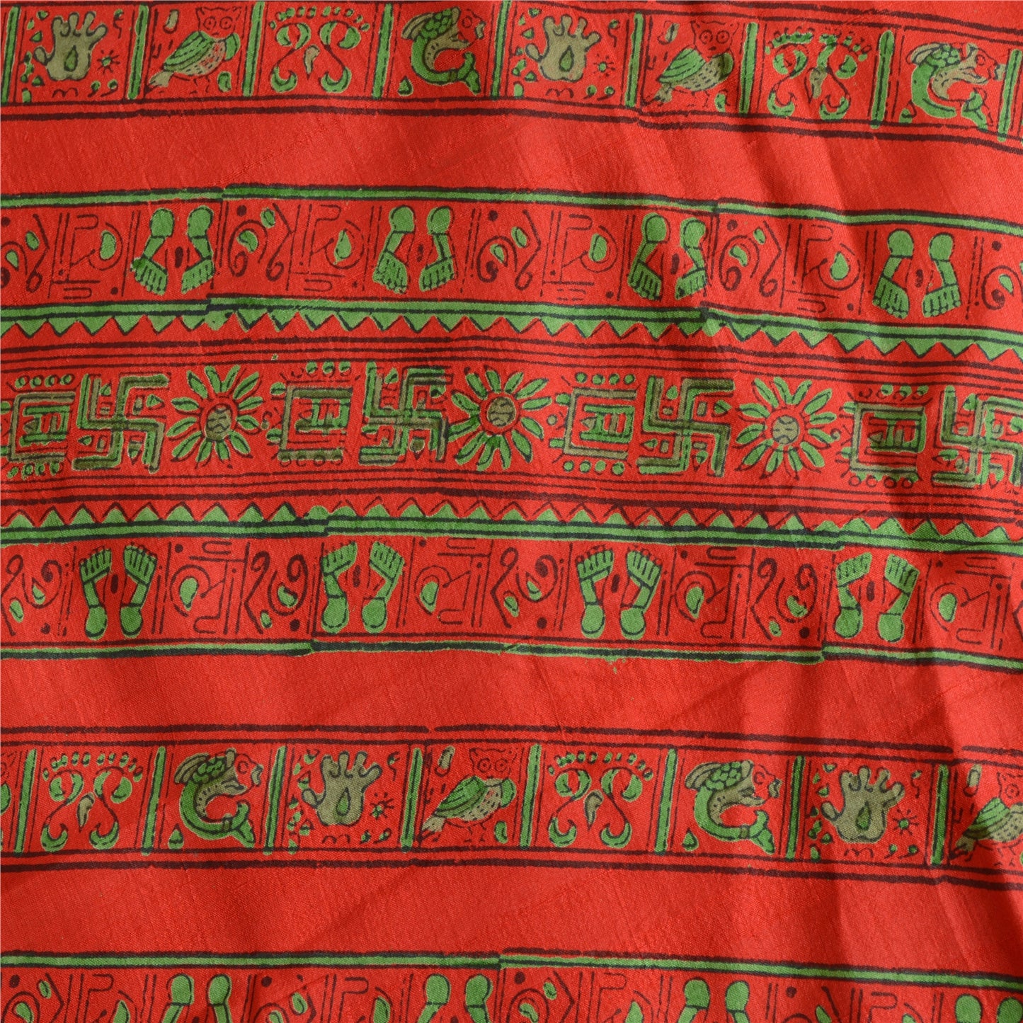 Sanskriti Vintage Sarees Red/Green Pure Silk Printed Sari 5yd Craft Fabric