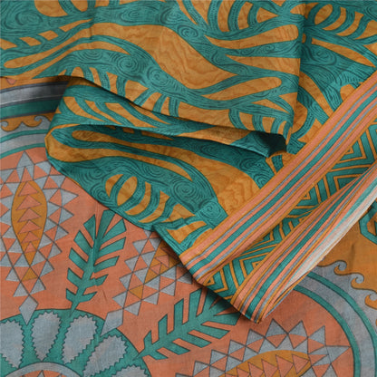 Sanskriti Vintage Sarees Green/Yellow Pure Silk Printed Sari 5yd Craft Fabric