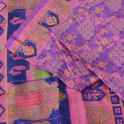 Sanskriti Vintage Sarees Purple 100% Pure Silk Printed Sari 5yd Craft Fabric