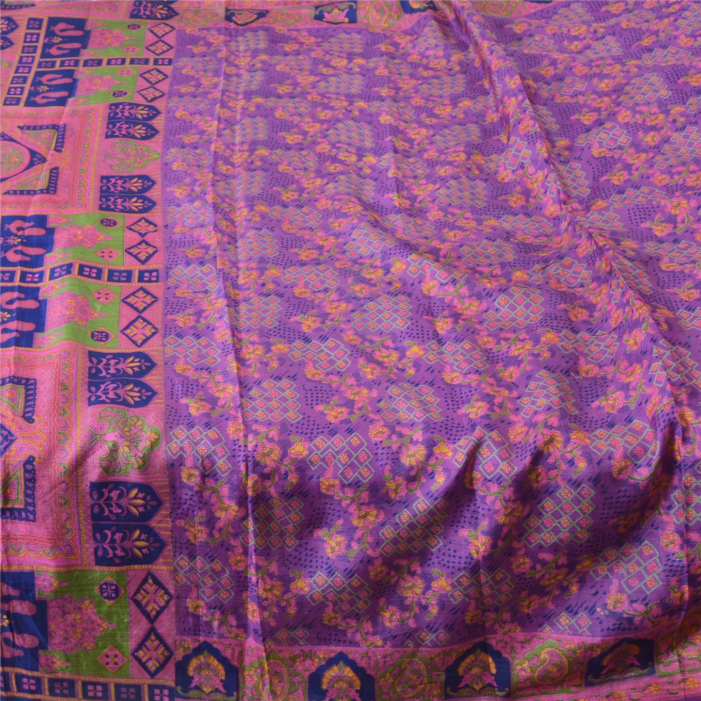 Sanskriti Vintage Sarees Purple 100% Pure Silk Printed Sari 5yd Craft Fabric