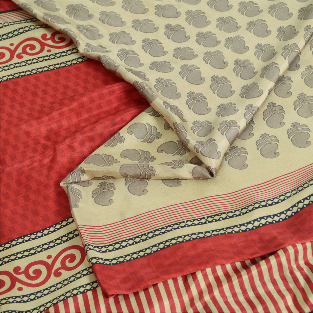 Sanskriti Vintage Sarees Cream Block Printed Pure Silk Sari Floral Craft Fabric