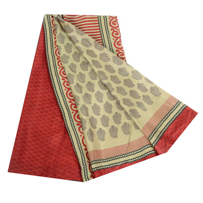 Sanskriti Vintage Sarees Cream Block Printed Pure Silk Sari Floral Craft Fabric