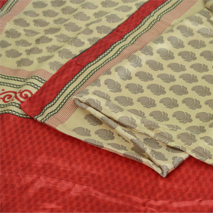 Sanskriti Vintage Sarees Cream Block Printed Pure Silk Sari Floral Craft Fabric