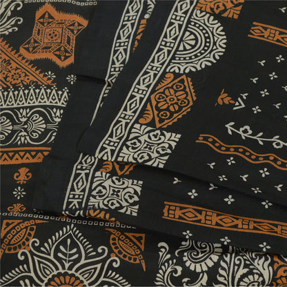 Sanskriti Vintage Sarees Cream/Black Pure Silk Printed Sari 5yd Craft Fabric