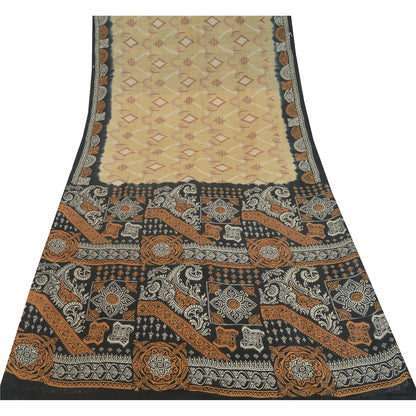 Sanskriti Vintage Sarees Cream/Black Pure Silk Printed Sari 5yd Craft Fabric