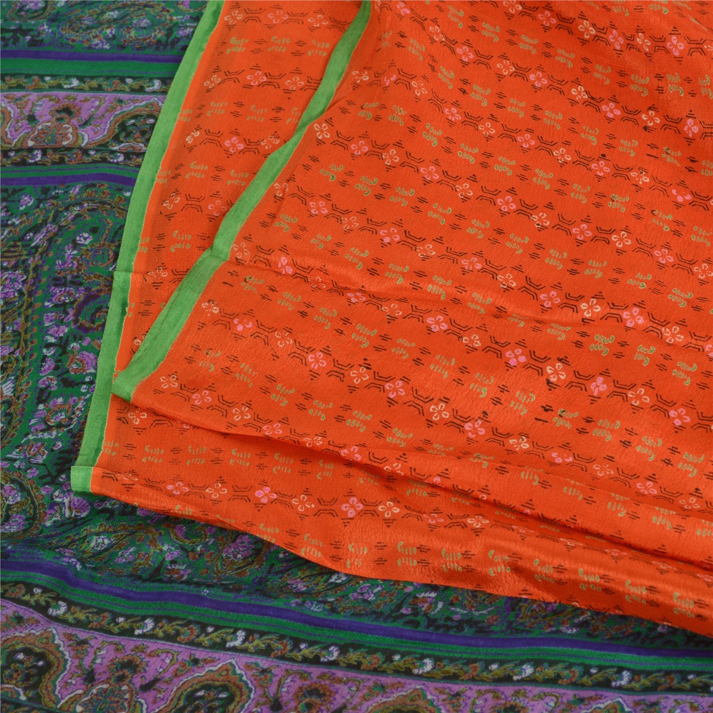 Sanskriti Vintage Sarees Orange Indian Pure Silk Printed Sari 5yd Craft Fabric