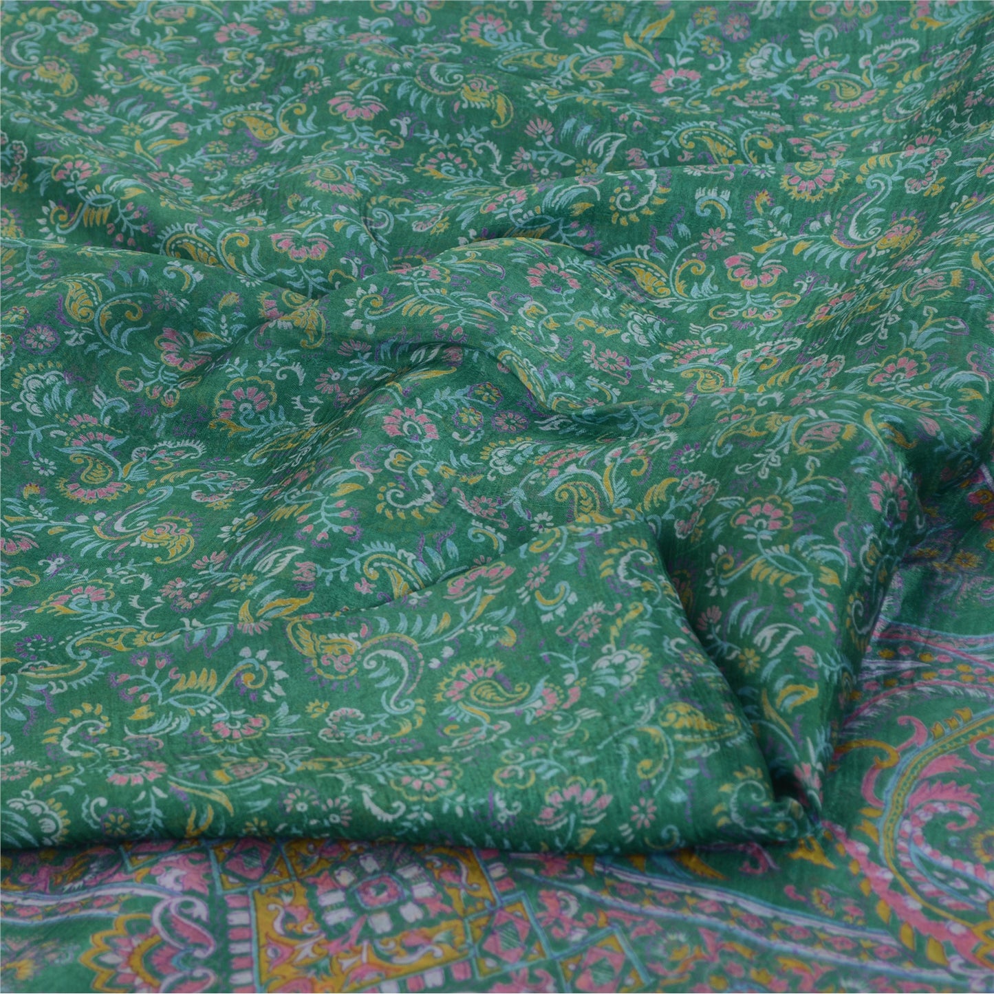 Sanskriti Vintage Sarees Green Pure Silk Printed Sari 5yd Floral Craft Fabric