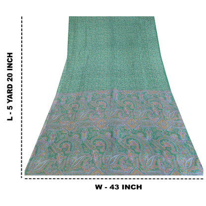 Sanskriti Vintage Sarees Green Pure Silk Printed Sari 5yd Floral Craft Fabric