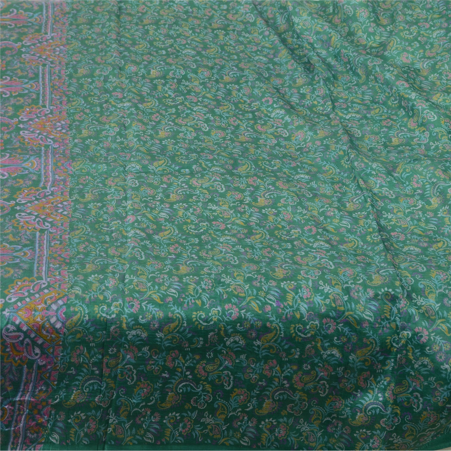 Sanskriti Vintage Sarees Green Pure Silk Printed Sari 5yd Floral Craft Fabric