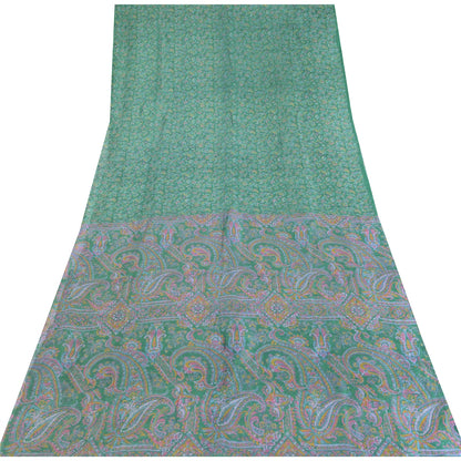 Sanskriti Vintage Sarees Green Pure Silk Printed Sari 5yd Floral Craft Fabric