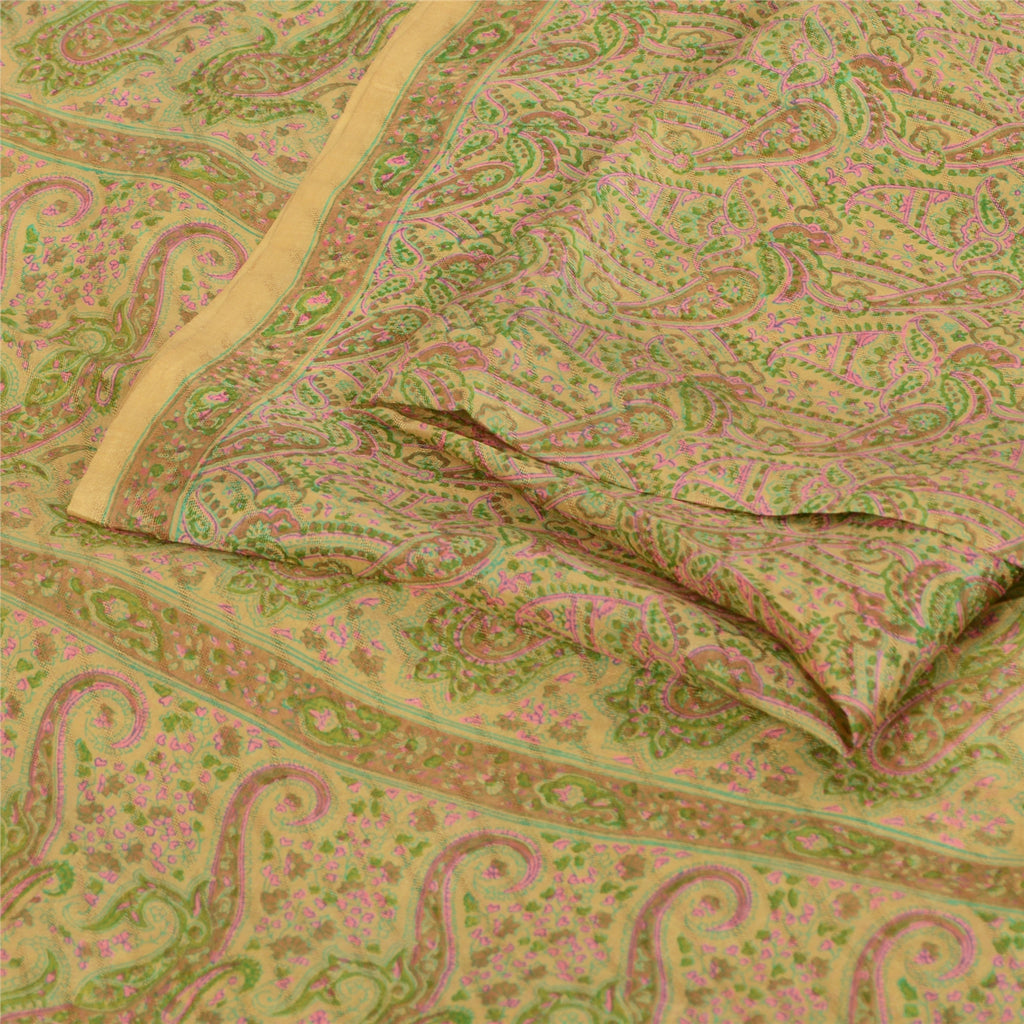 Sanskriti Vintage Sarees Beige Indian Pure Silk Printed Sari 6yd Craft Fabric