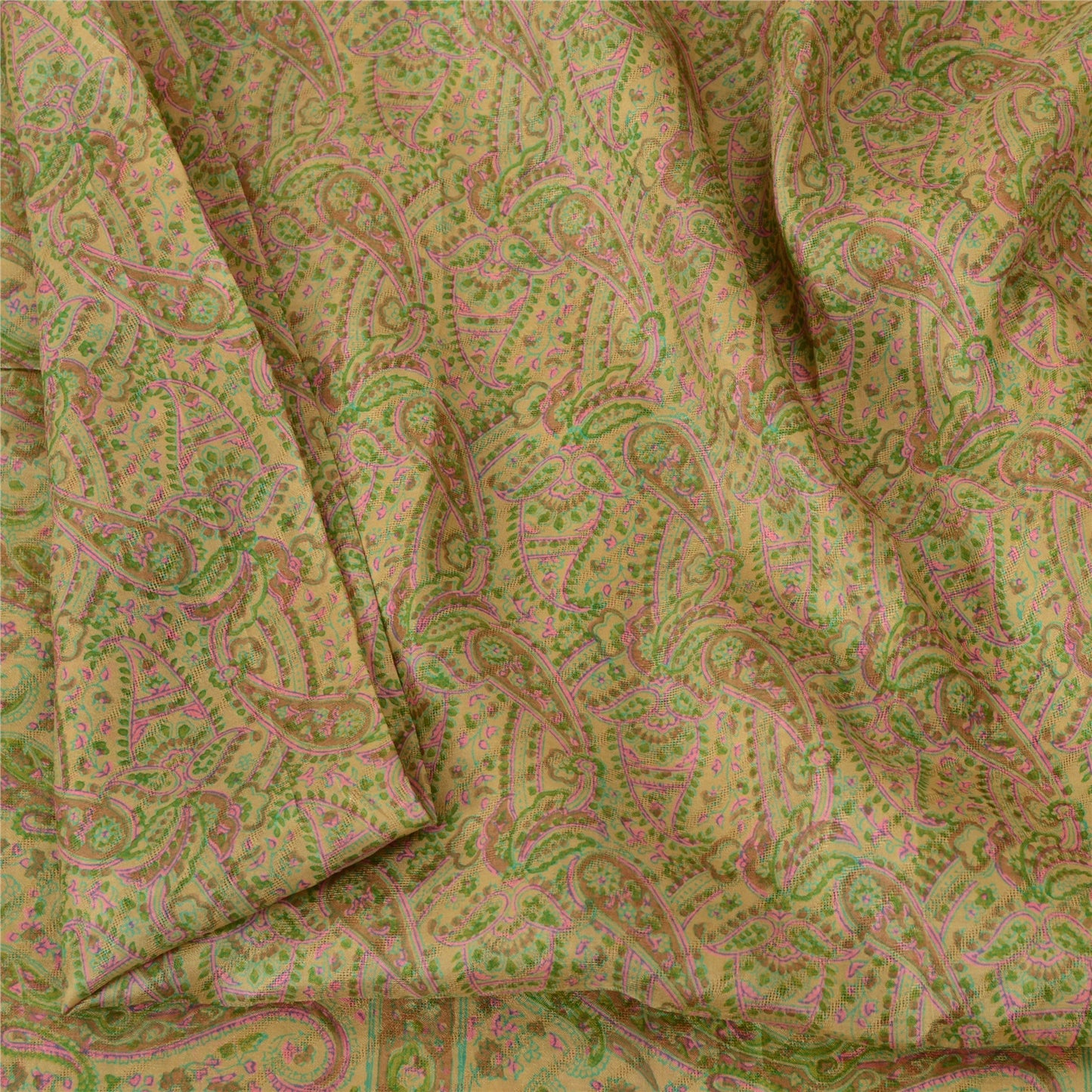 Sanskriti Vintage Sarees Beige Indian Pure Silk Printed Sari 6yd Craft Fabric