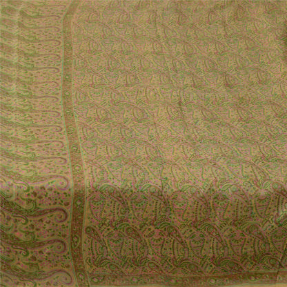 Sanskriti Vintage Sarees Beige Indian Pure Silk Printed Sari 6yd Craft Fabric