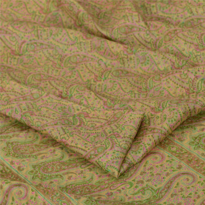 Sanskriti Vintage Sarees Beige Indian Pure Silk Printed Sari 6yd Craft Fabric