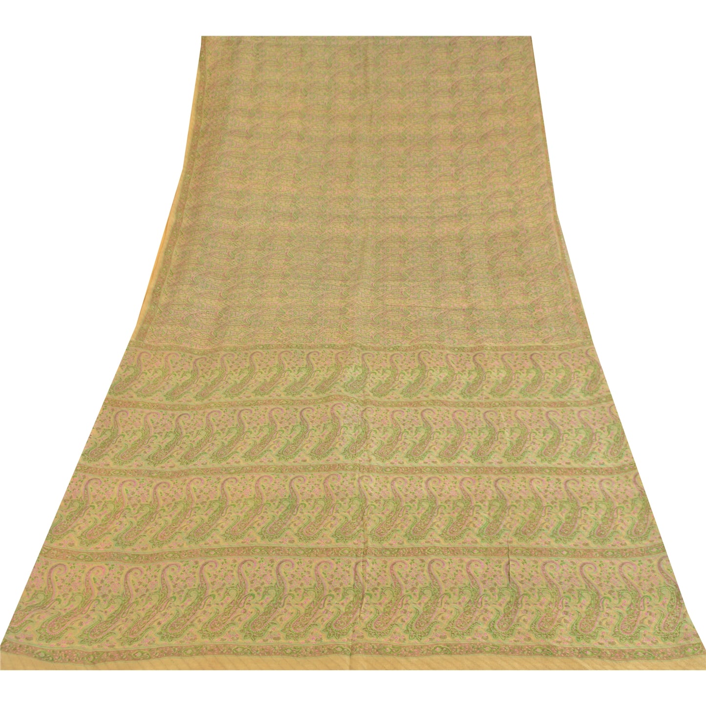 Sanskriti Vintage Sarees Beige Indian Pure Silk Printed Sari 6yd Craft Fabric