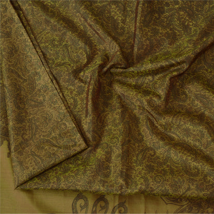 Sanskriti Vintage Sarees Green/Brown Pure Silk Printed Sari 5yd Craft Fabric