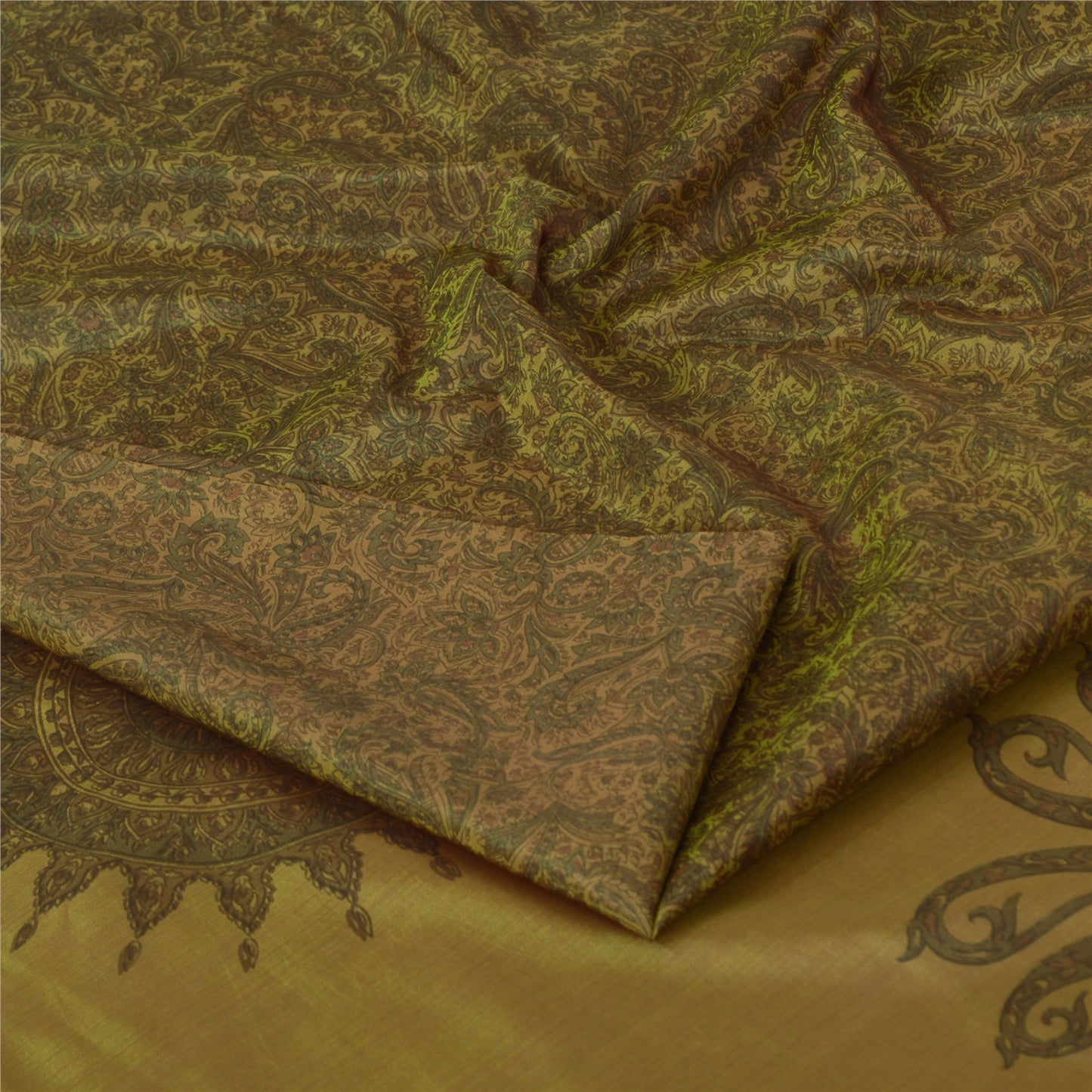 Sanskriti Vintage Sarees Green/Brown Pure Silk Printed Sari 5yd Craft Fabric