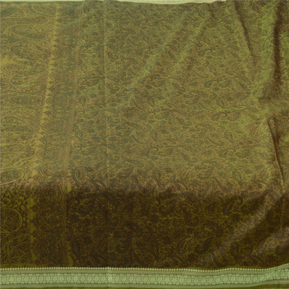 Sanskriti Vintage Sarees Green/Brown Pure Silk Printed Sari 5yd Craft Fabric