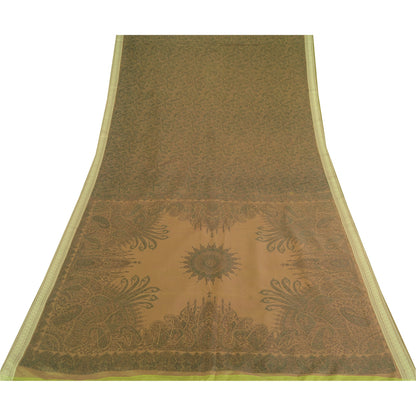 Sanskriti Vintage Sarees Green/Brown Pure Silk Printed Sari 5yd Craft Fabric