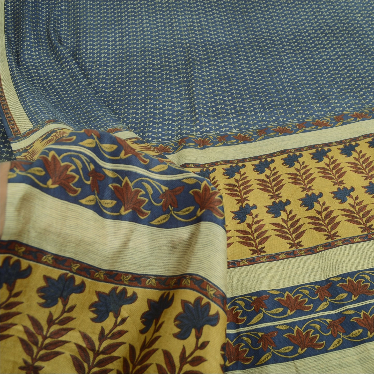 Sanskriti Vintage Sarees From India Blue Pure Silk Printed Sari 5yd Craft Fabric