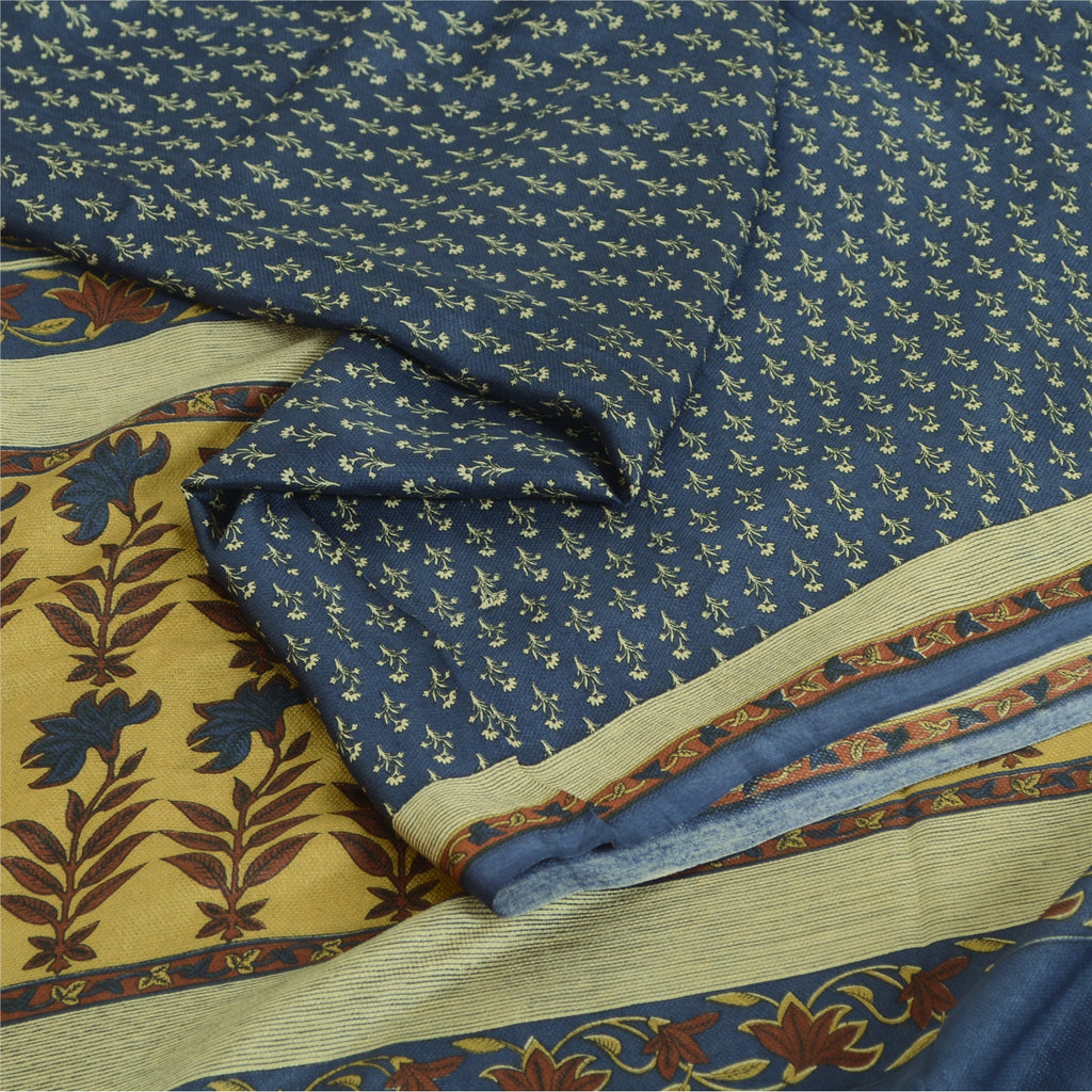 Sanskriti Vintage Sarees From India Blue Pure Silk Printed Sari 5yd Craft Fabric