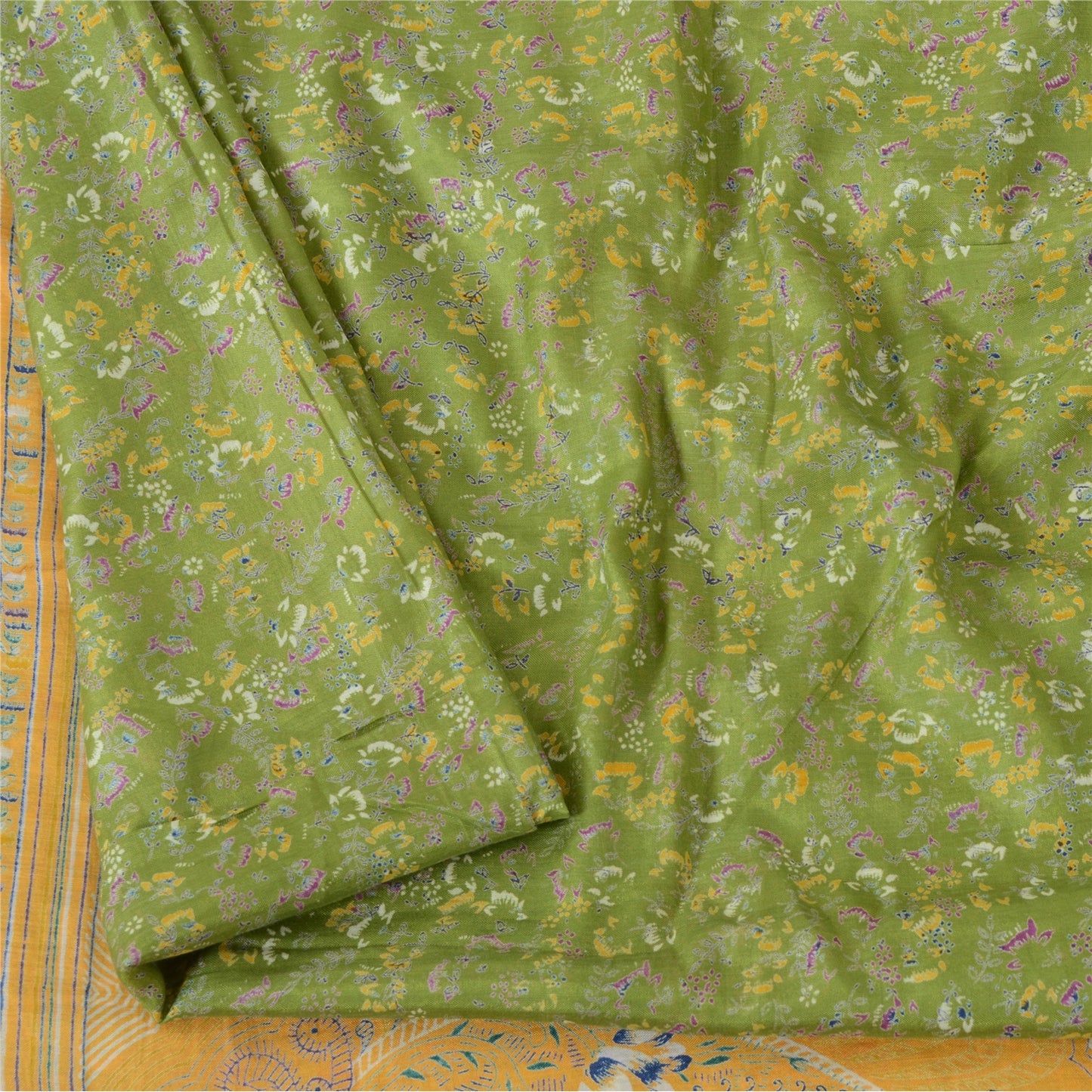 Sanskriti Vintage Sarees Green Indian Cotton Silk Printed Sari 5yd Craft Fabric