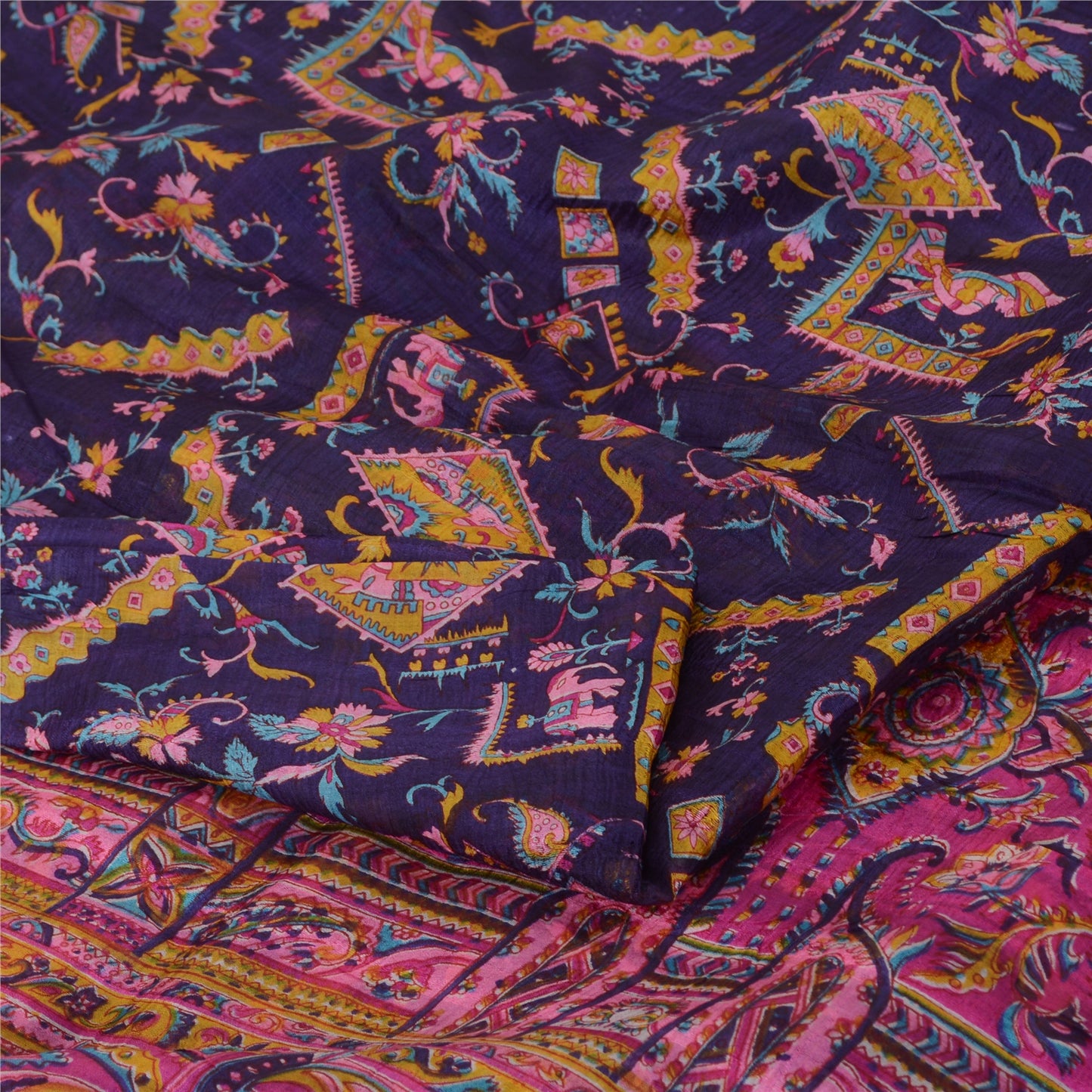 Sanskriti Vintage Sarees Purple/Pink Pure Silk Printed Sari 5yd Craft Fabric