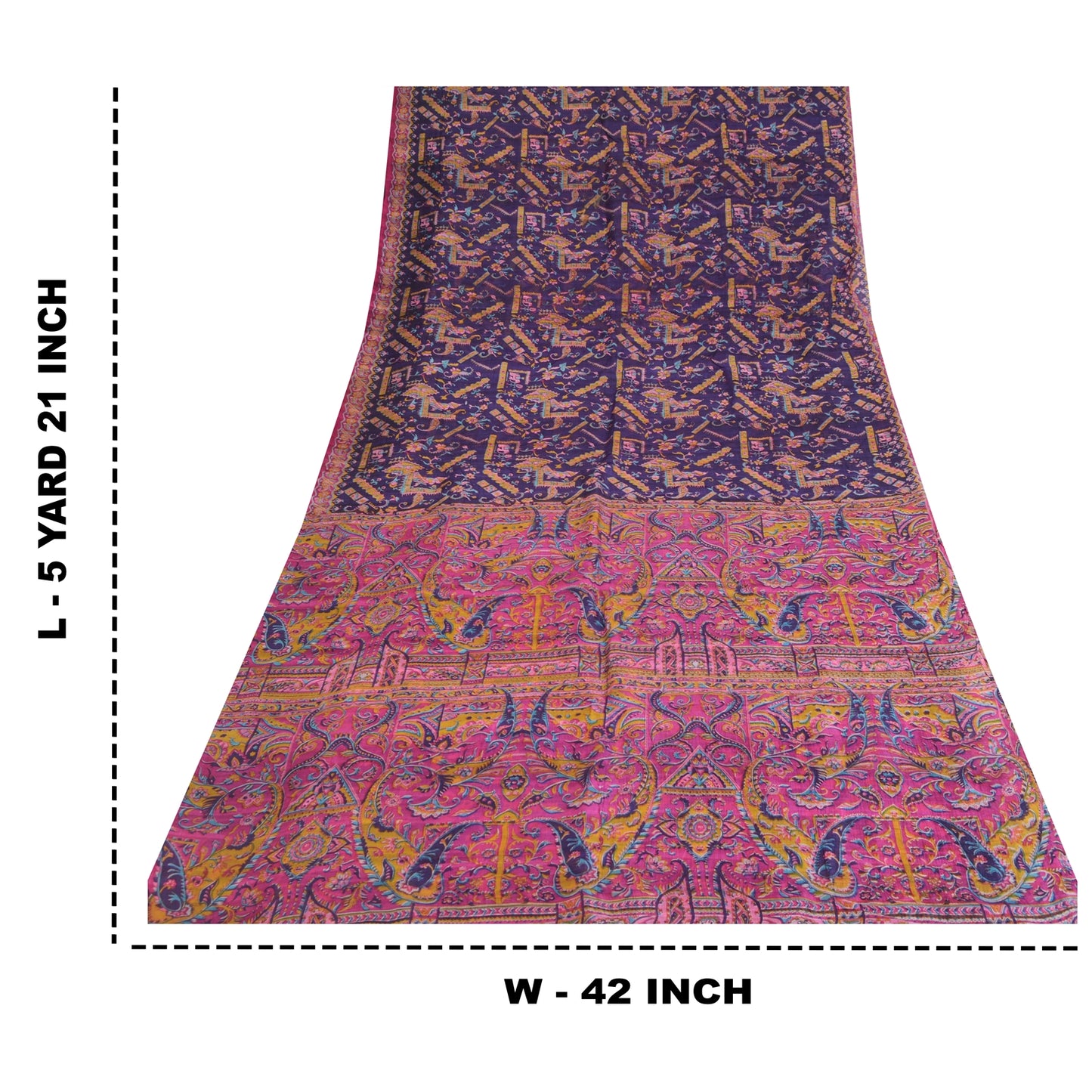 Sanskriti Vintage Sarees Purple/Pink Pure Silk Printed Sari 5yd Craft Fabric