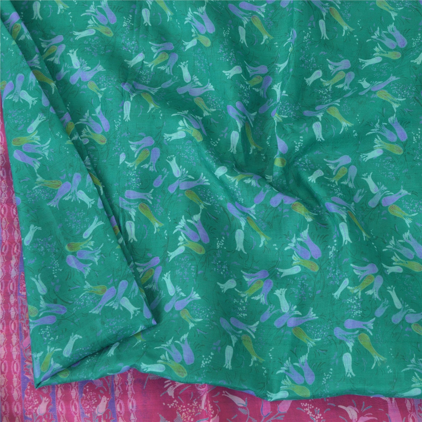 Sanskriti Vintage Sarees Green Pure Silk Printed Sari 5yd Craft Fabric