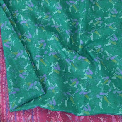 Sanskriti Vintage Sarees Green Pure Silk Printed Sari 5yd Craft Fabric