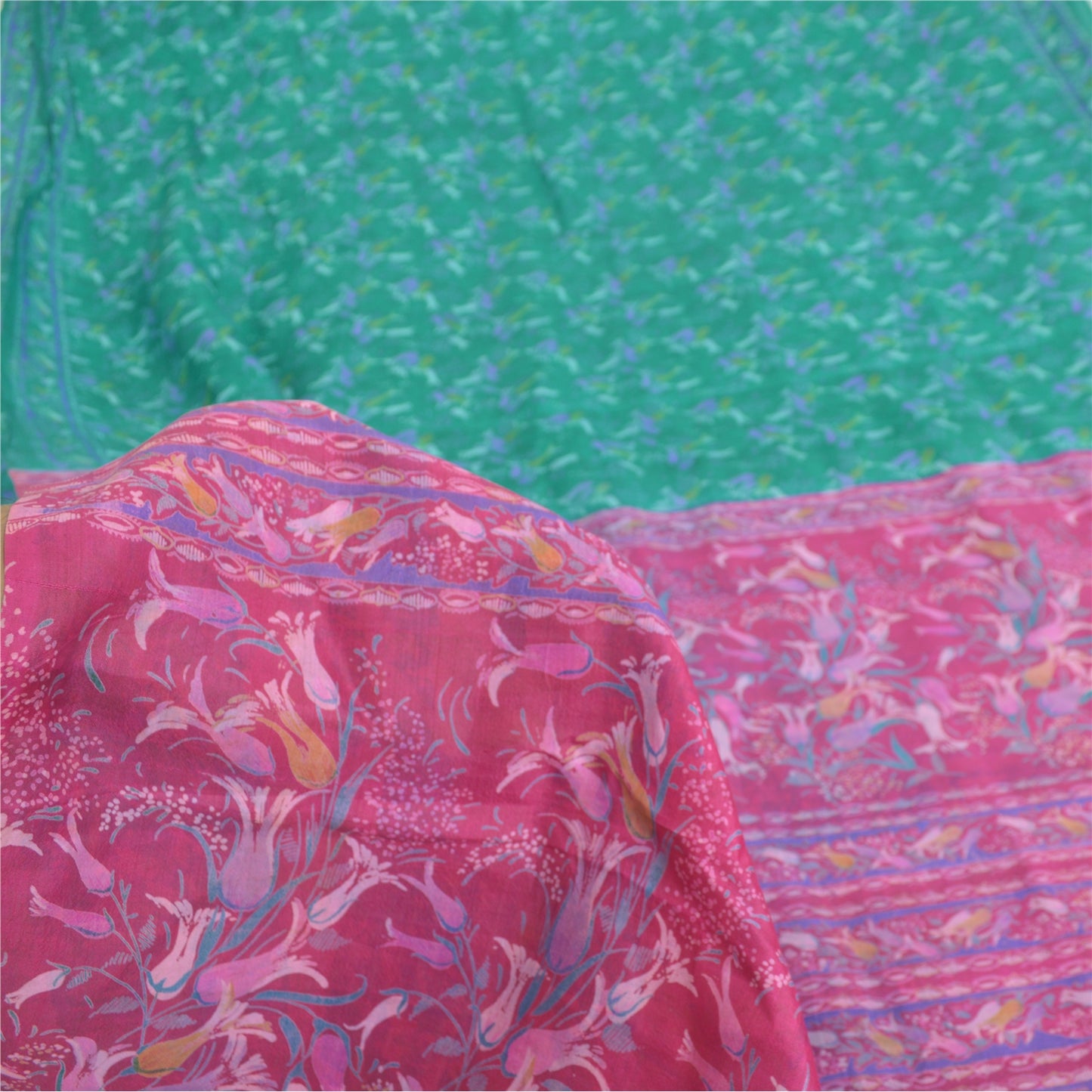 Sanskriti Vintage Sarees Green Pure Silk Printed Sari 5yd Craft Fabric